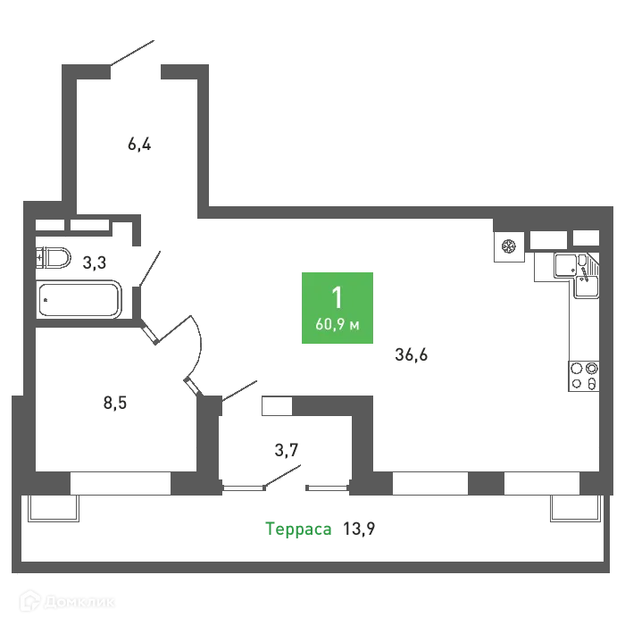 Планировка 1-комнатной квартиры 60.9 м² в ЖК Ключи-клаб, г. Воронеж — фото 2