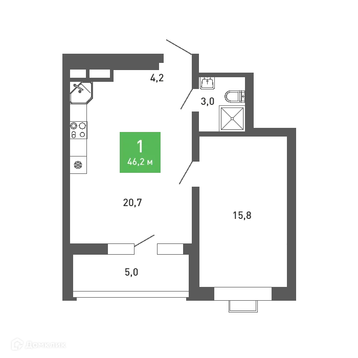 Планировка 1-комнатной квартиры 46.2 м² в ЖК Ключи-клаб, г. Воронеж — фото 2