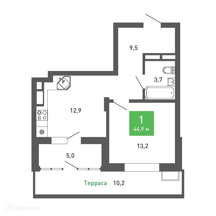 Планировка 1-комнатной квартиры 44.9 м² в ЖК Ключи-клаб, г. Воронеж — фото 2