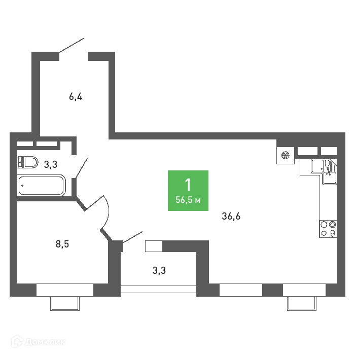 Планировка 1-комнатной квартиры 56.5 м² в ЖК Ключи-клаб, г. Воронеж — фото 2