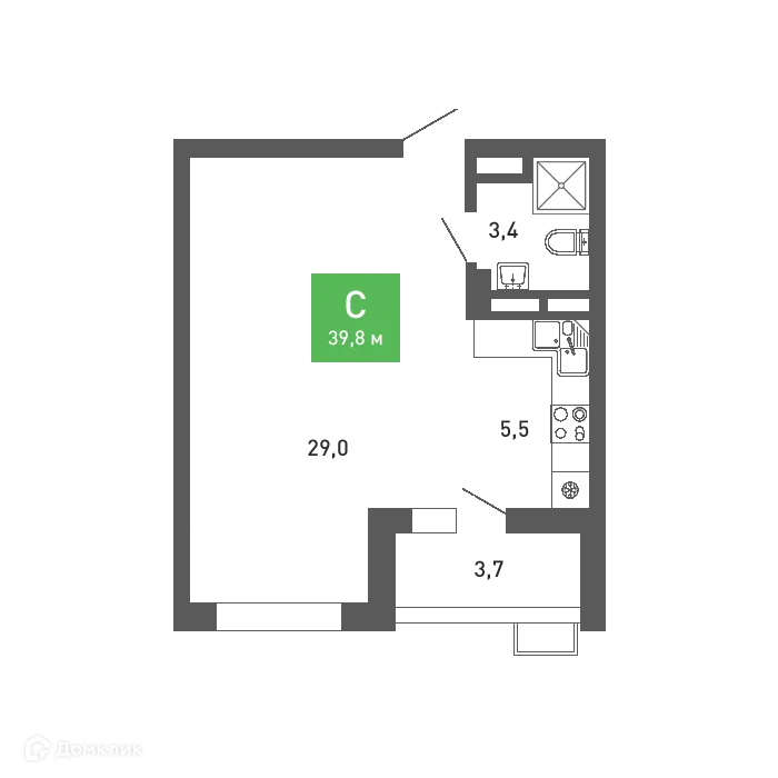 Планировка студии квартиры 39.8 м² в ЖК Ключи-клаб, г. Воронеж — фото 2