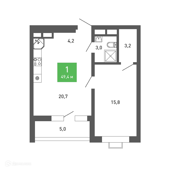 Планировка 1-комнатной квартиры 49.4 м² в ЖК Ключи-клаб, г. Воронеж — фото 2