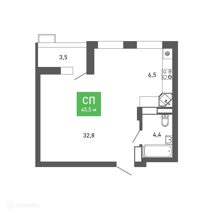 Планировка студии квартиры 45.5 м² в ЖК Ключи-клаб, г. Воронеж — фото 1