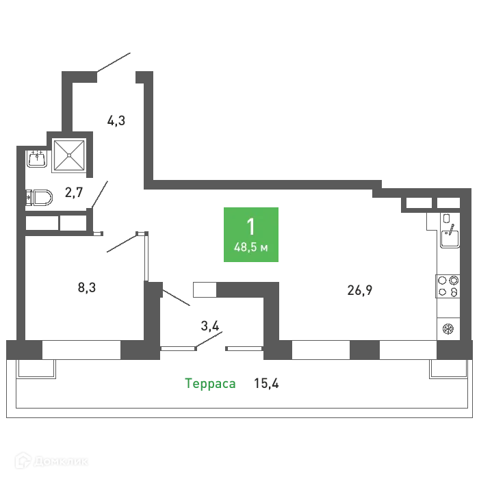 Планировка 1-комнатной квартиры 48.5 м² в ЖК Ключи-клаб, г. Воронеж — фото 2