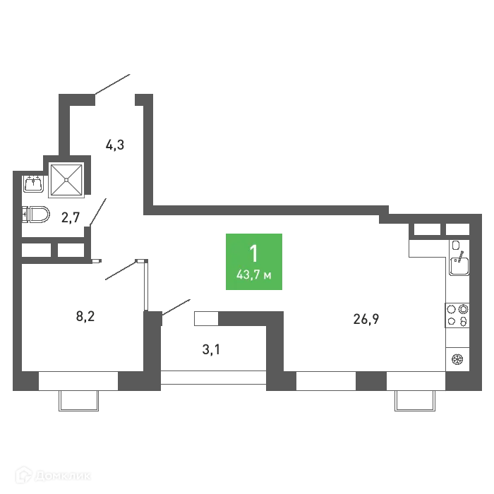 Планировка 1-комнатной квартиры 43.7 м² в ЖК Ключи-клаб, г. Воронеж — фото 2