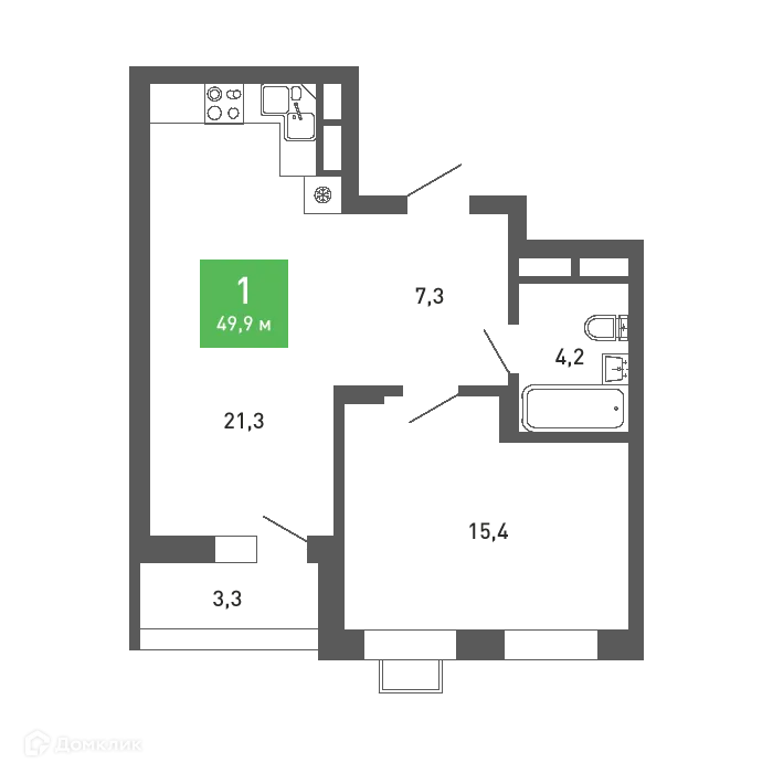 Планировка 1-комнатной квартиры 49.9 м² в ЖК Ключи-клаб, г. Воронеж — фото 2
