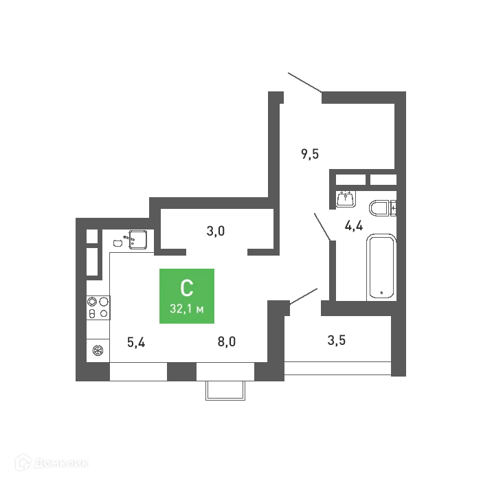 Планировка студии квартиры 32.1 м² в ЖК Ключи-клаб, г. Воронеж — фото 2