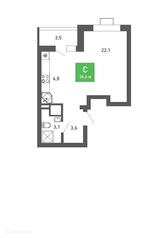 Планировка студии квартиры 36.6 м² в ЖК Ключи-клаб, г. Воронеж — фото 1