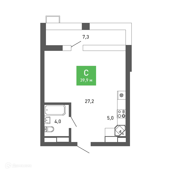 Планировка студии квартиры 39.9 м² в ЖК Ключи-клаб, г. Воронеж — фото 1
