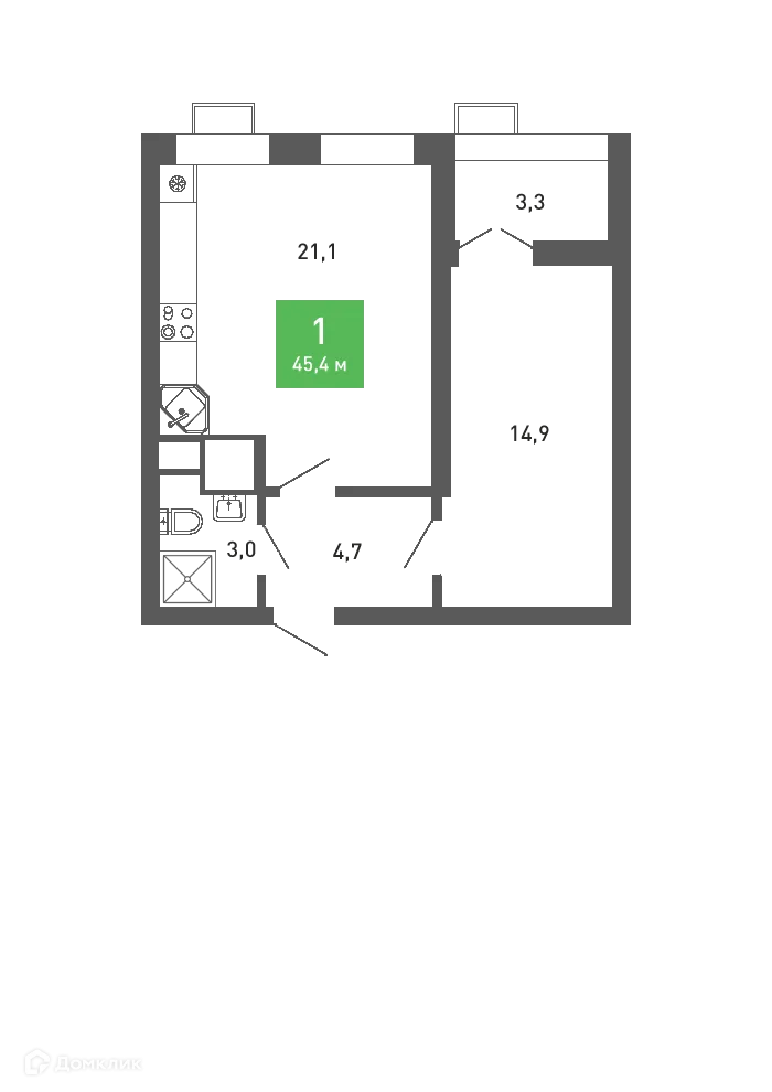 Планировка 1-комнатной квартиры 45.4 м² в ЖК Ключи-клаб, г. Воронеж — фото 1
