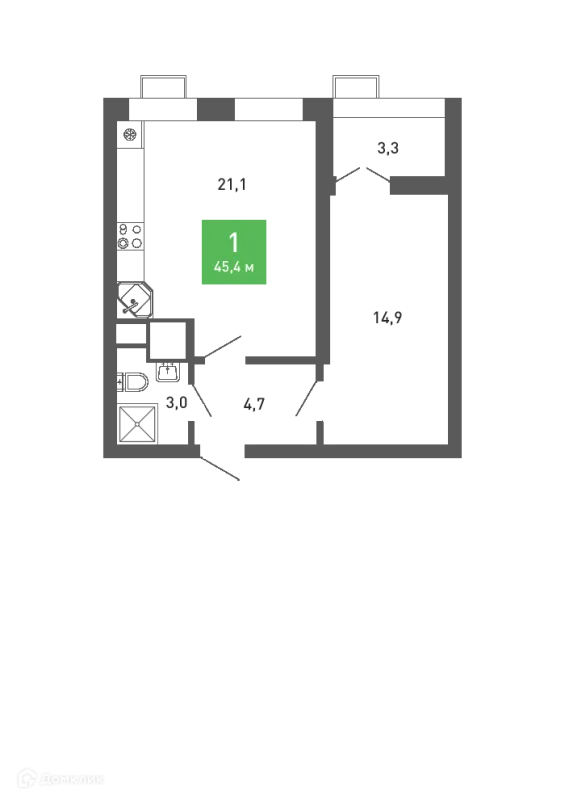 Планировка 1 комн. в ЖК Ключи-клаб