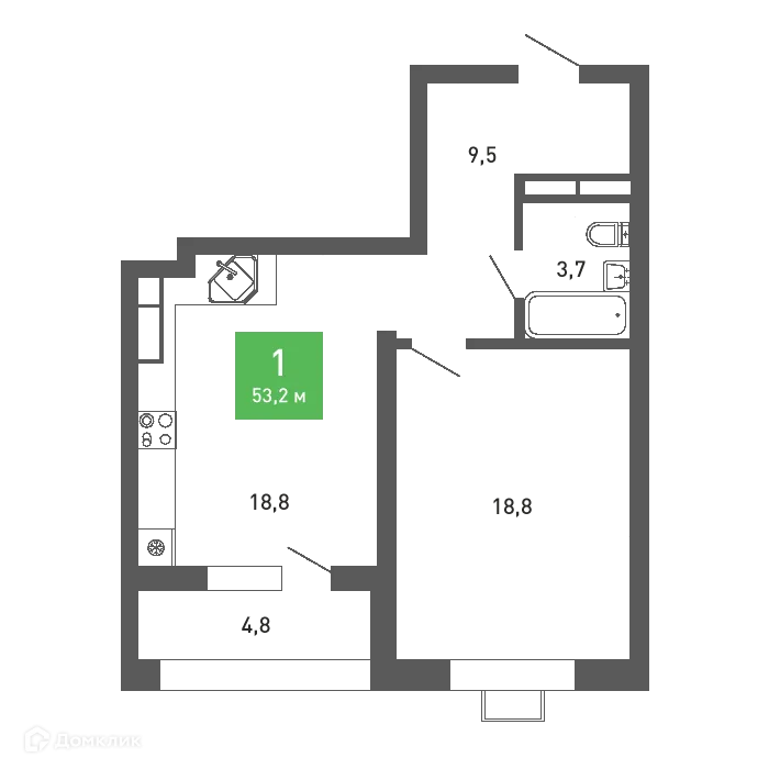Планировка 1-комнатной квартиры 53.2 м² в ЖК Ключи-клаб, г. Воронеж — фото 2