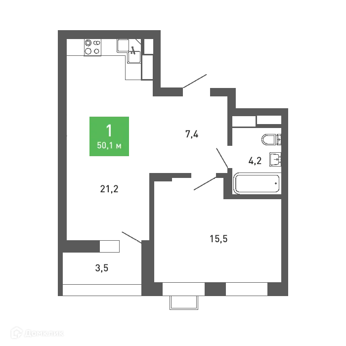 Планировка 1-комнатной квартиры 50.1 м² в ЖК Ключи-клаб, г. Воронеж — фото 1