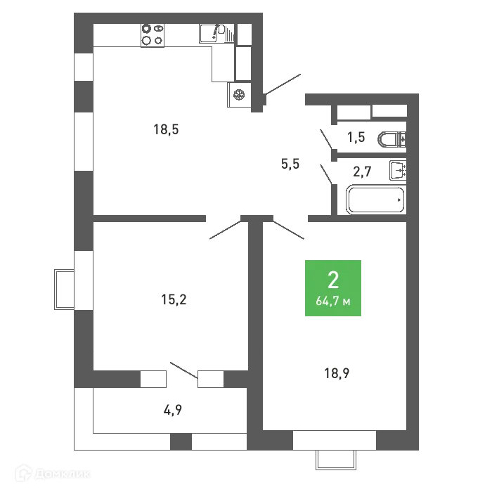 Планировка 2-комнатной квартиры 64.7 м² в ЖК Ключи-клаб, г. Воронеж — фото 1