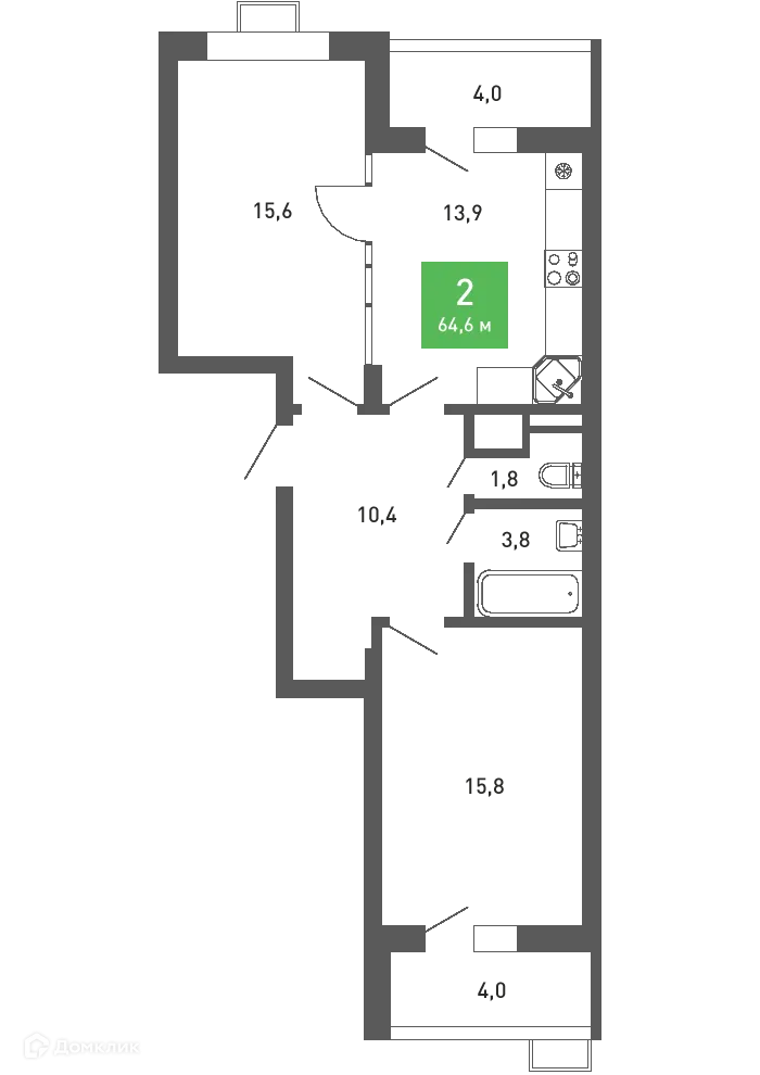 Планировка 2-комнатной квартиры 64.6 м² в ЖК Ключи-клаб, г. Воронеж — фото 1