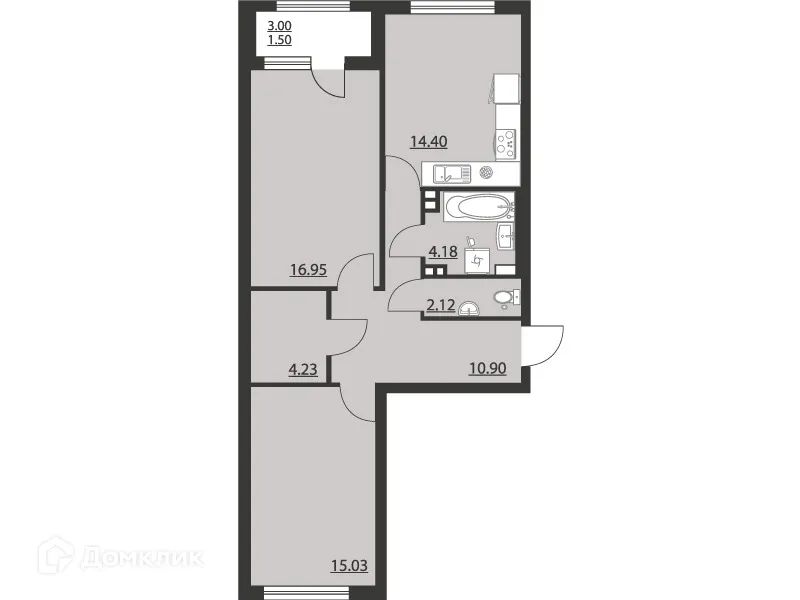 Планировка 2-комнатной квартиры 69.31 м² в ЖК "Гран-При", г. Воронеж — фото 2