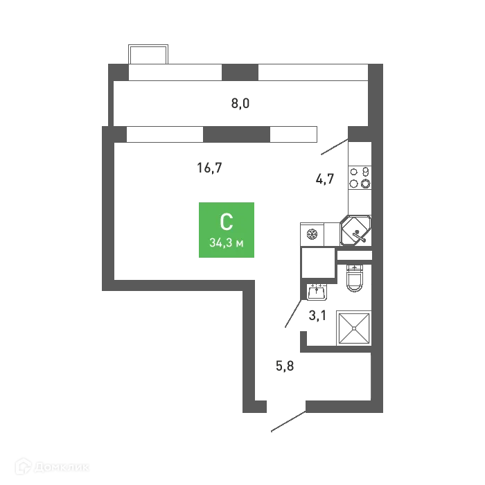 Планировка студии квартиры 34.3 м² в ЖК Ключи-клаб, г. Воронеж — фото 1