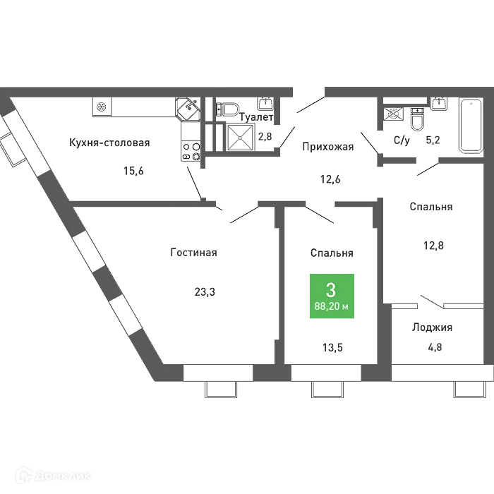 Планировка 3-комнатной квартиры 88.2 м² в ЖК Ключи-клаб, г. Воронеж — фото 1