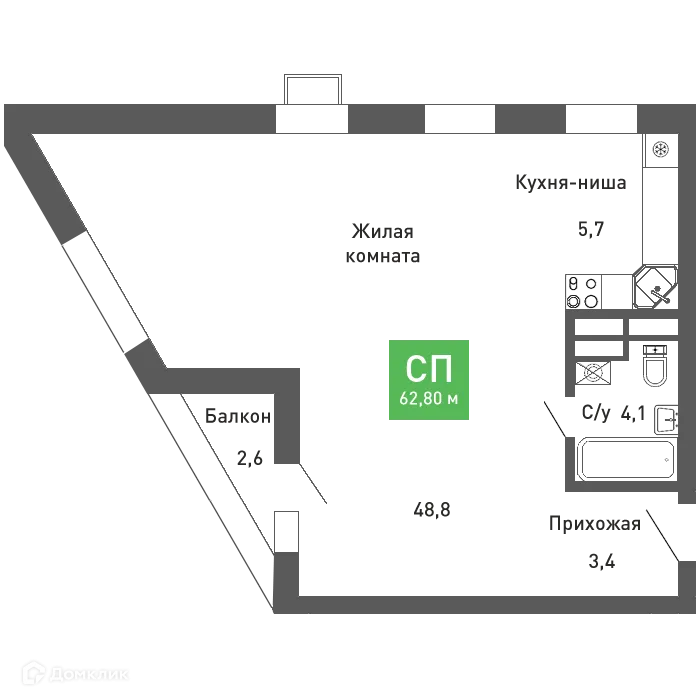 Планировка студии квартиры 62.8 м² в ЖК Ключи-клаб, г. Воронеж — фото 1