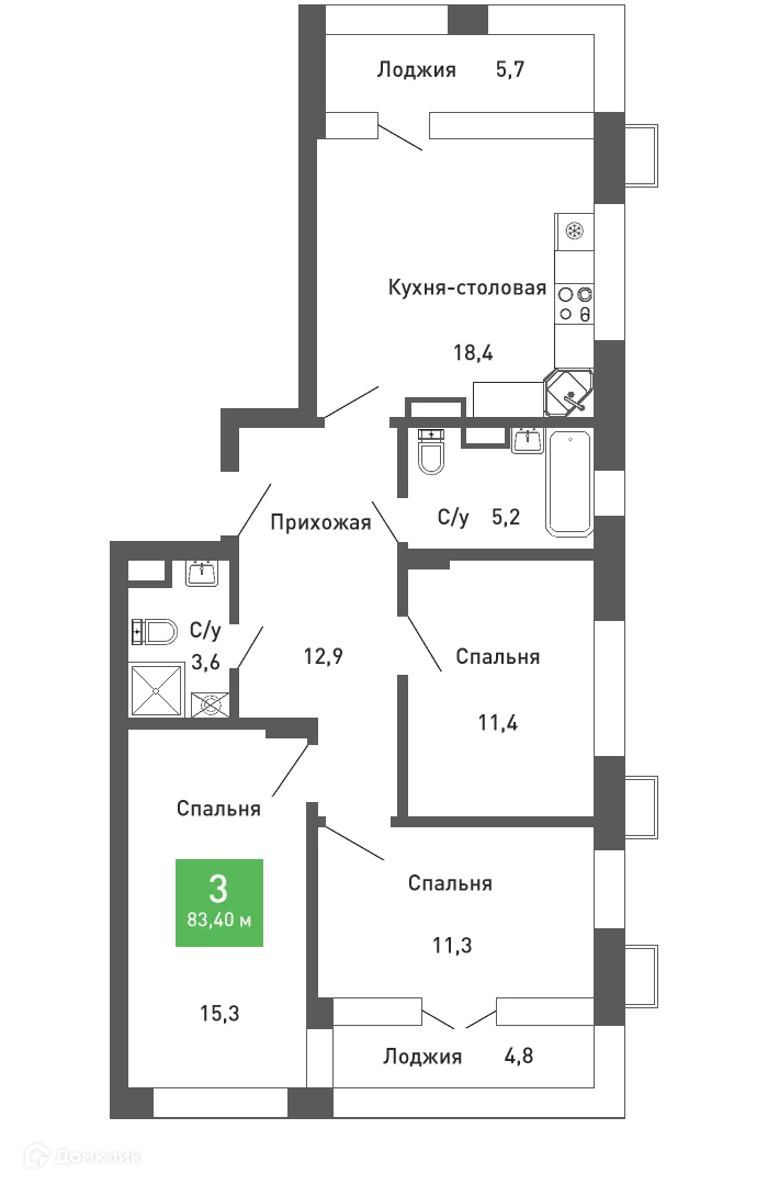 Планировка 3-комнатной квартиры 83.1 м² в ЖК Ключи-клаб, г. Воронеж — фото 2