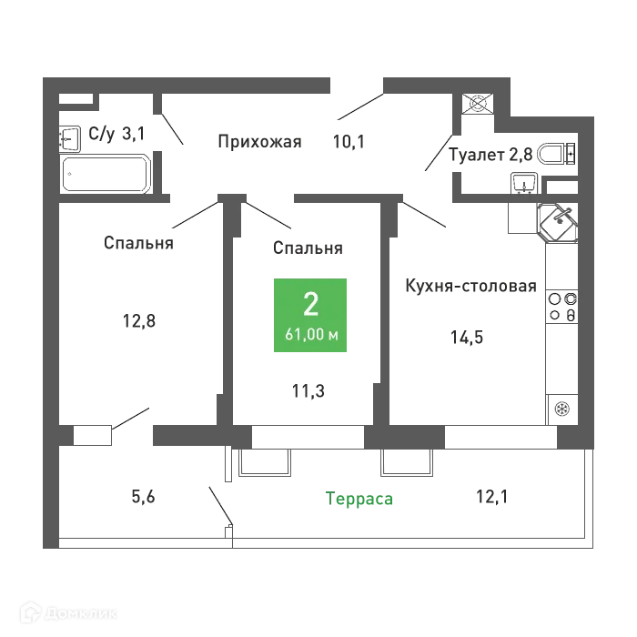 Планировка 2-комнатной квартиры 61 м² в ЖК Ключи-клаб, г. Воронеж — фото 2