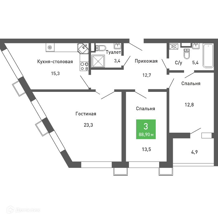 Планировка 3-комнатной квартиры 88.9 м² в ЖК Ключи-клаб, г. Воронеж — фото 2