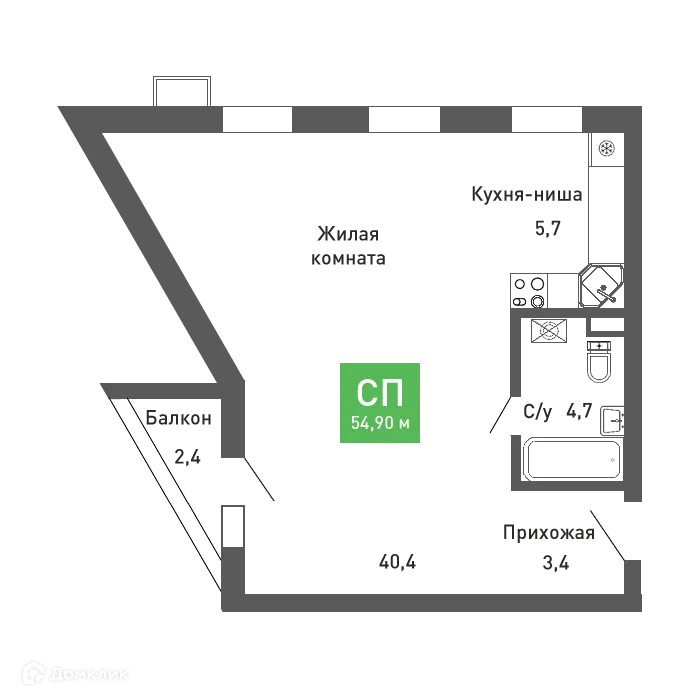 Планировка студии квартиры 54.9 м² в ЖК Ключи-клаб, г. Воронеж — фото 2