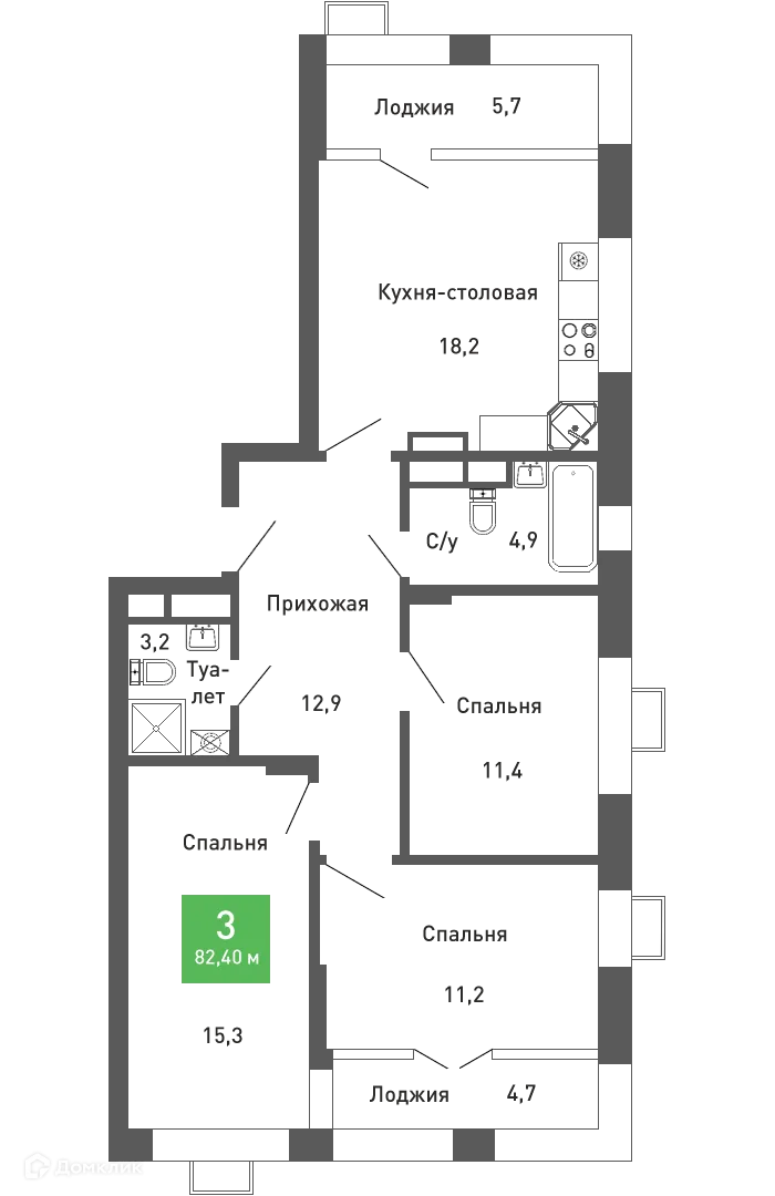 Планировка 3-комнатной квартиры 82.1 м² в ЖК Ключи-клаб, г. Воронеж — фото 1