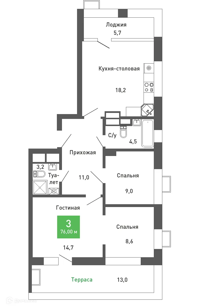 Планировка 3-комнатной квартиры 75.4 м² в ЖК Ключи-клаб, г. Воронеж — фото 2