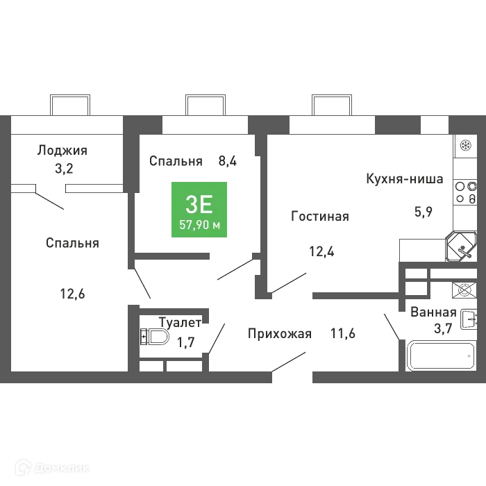 Планировка 3-комнатной квартиры 58.3 м² в ЖК Ключи-клаб, г. Воронеж — фото 1
