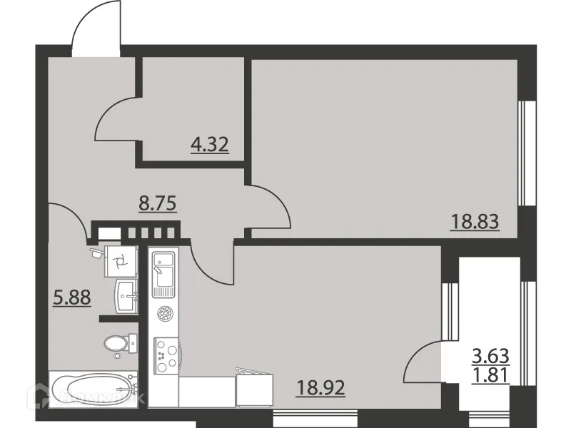 Планировка 1-комнатной квартиры 58.41 м² в ЖК "Гран-При", г. Воронеж — фото 1