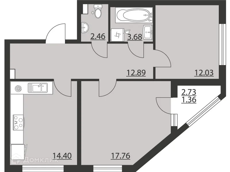 Планировка 2-комнатной квартиры 64.58 м² в ЖК "Гран-При", г. Воронеж — фото 1