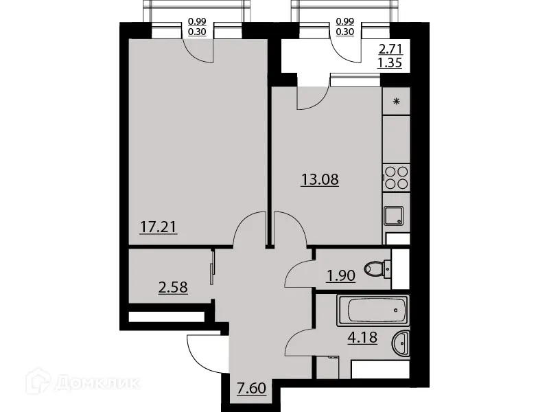 Планировка 1-комнатной квартиры 49.94 м² в ЖК "Гран-При", г. Воронеж — фото 1