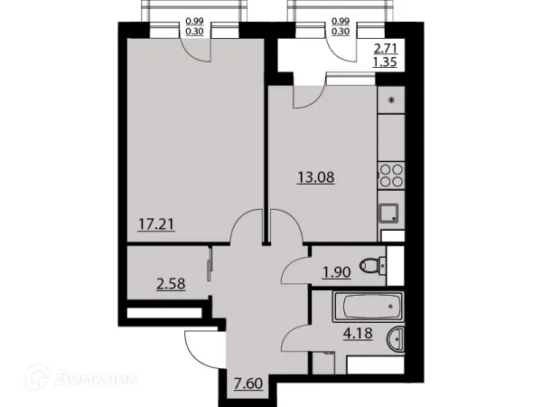 Планировка 1 комн. в ЖК "Гран-При"