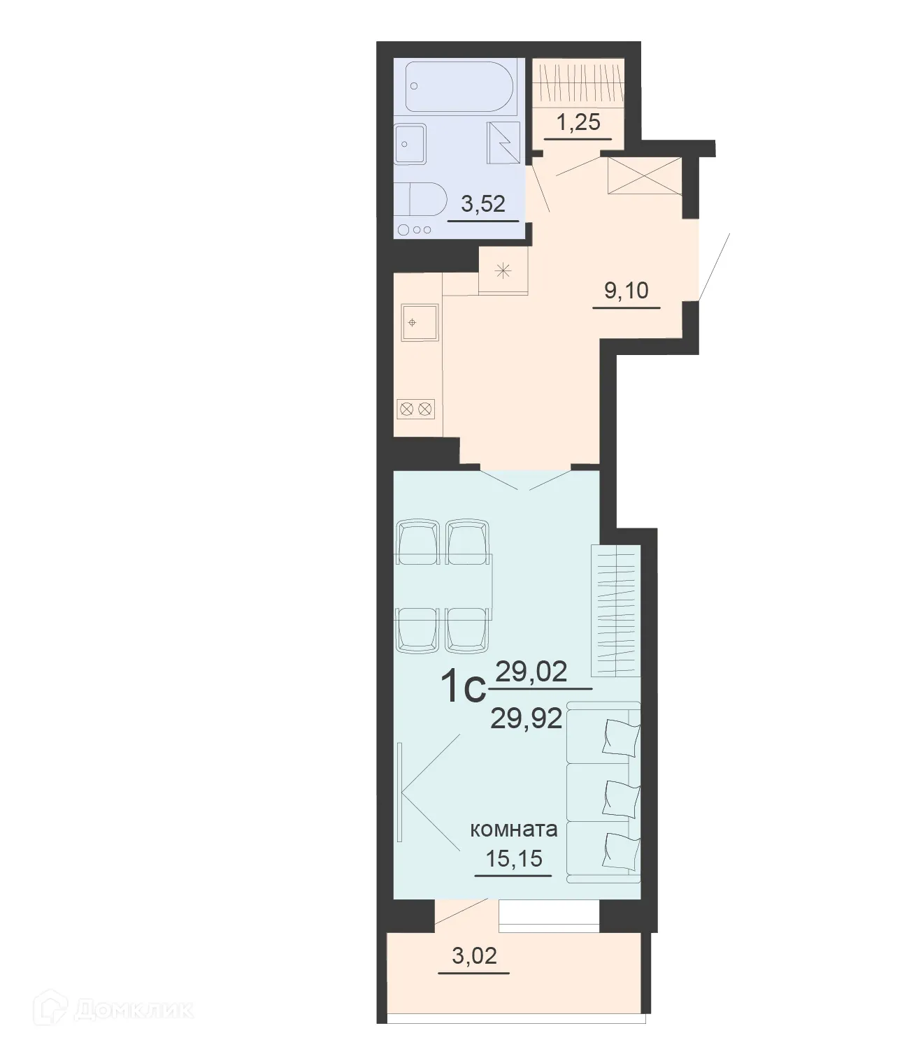 Планировка 1-комнатной квартиры 30.53 м² в ЖК ЖД Чехов, г. Воронеж — фото 1