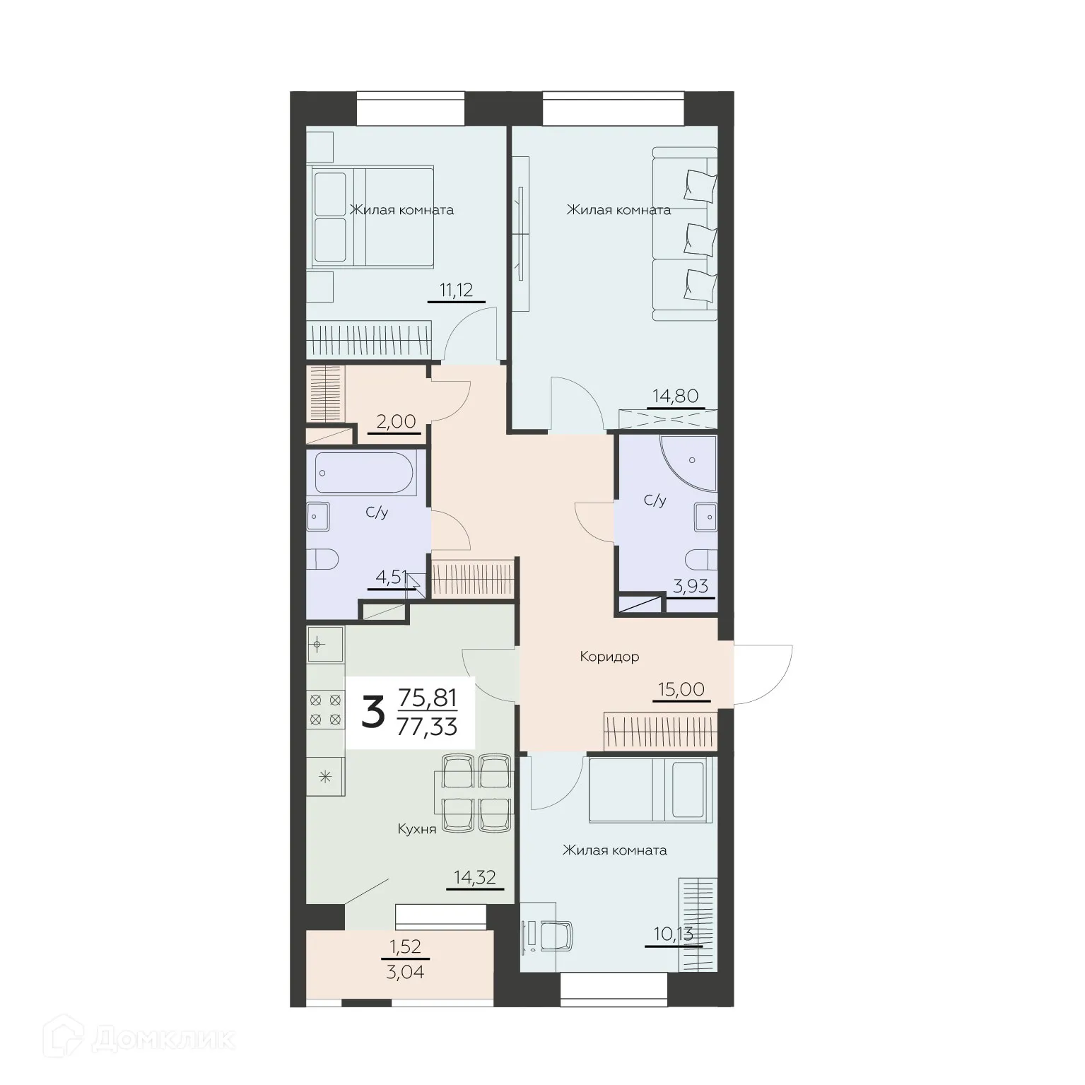 Планировка 3-комнатной квартиры 77.33 м² в ЖК Заря, г. Воронеж — фото 1