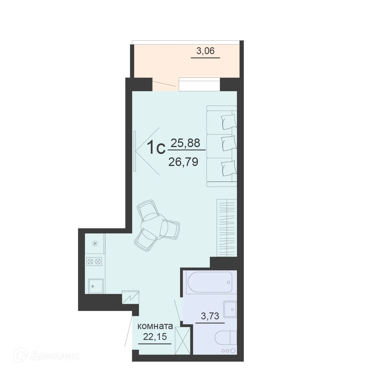 Планировка 1-комнатной квартиры 26.79 м² в ЖК ЖД Чехов, г. Воронеж — фото 1