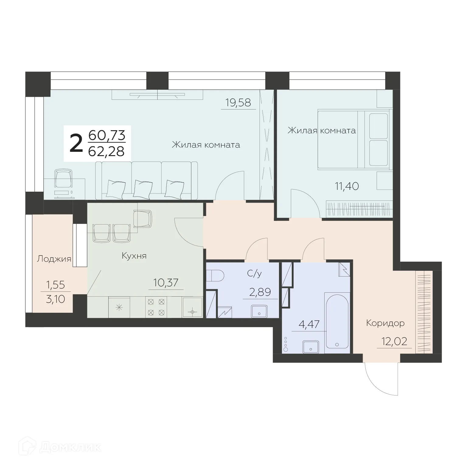 Планировка 2-комнатной квартиры 62.28 м² в ЖК Заря, г. Воронеж — фото 1