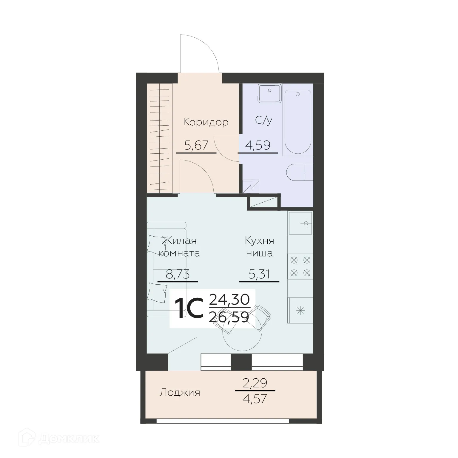 Планировка 1-комнатной квартиры 26.59 м² в ЖК Заря, г. Воронеж — фото 1