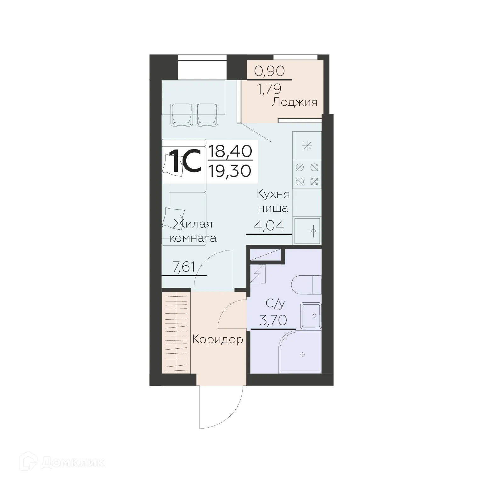 Планировка 1-комнатной квартиры 19.3 м² в ЖК Заря, г. Воронеж — фото 1