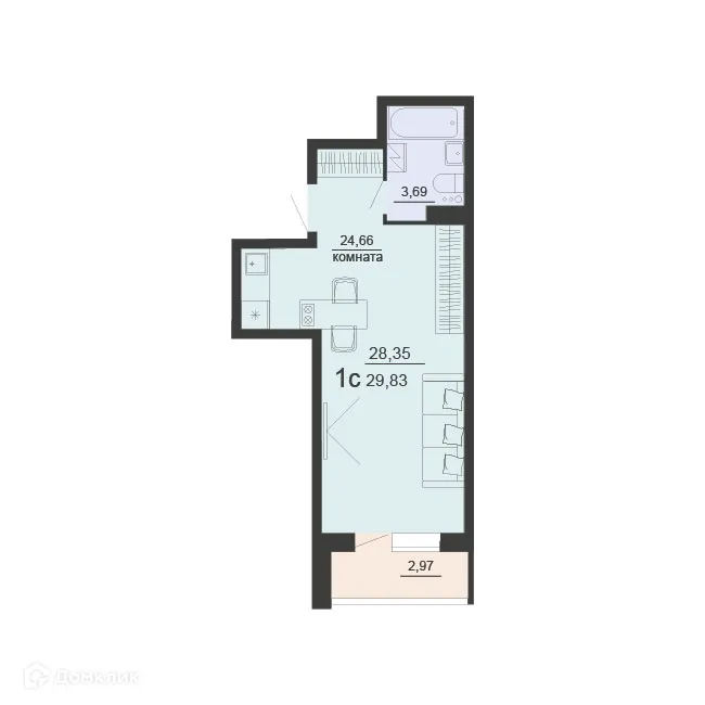 Планировка 1-комнатной квартиры 29.83 м² в ЖК ЖД Чехов, г. Воронеж — фото 1