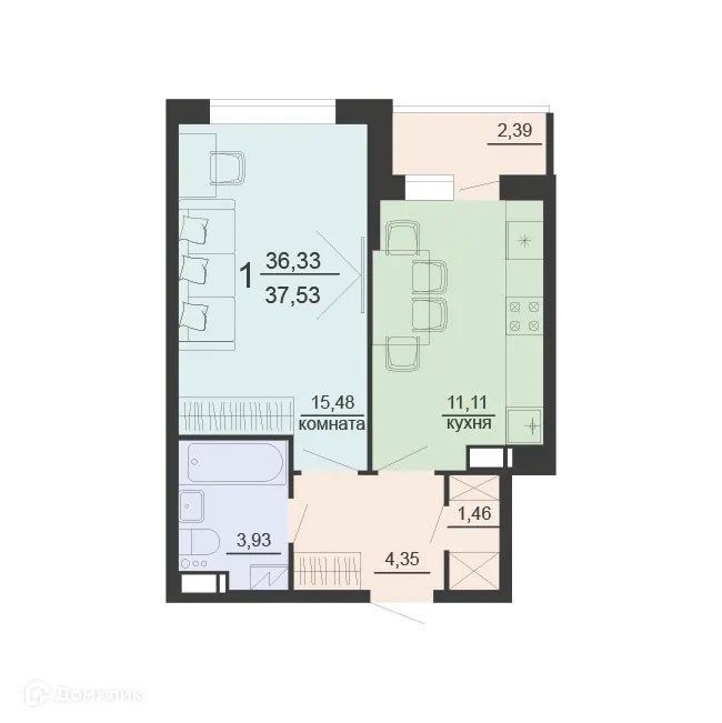 Планировка 1-комнатной квартиры 37.53 м² в ЖК ЖД Чехов, г. Воронеж — фото 1