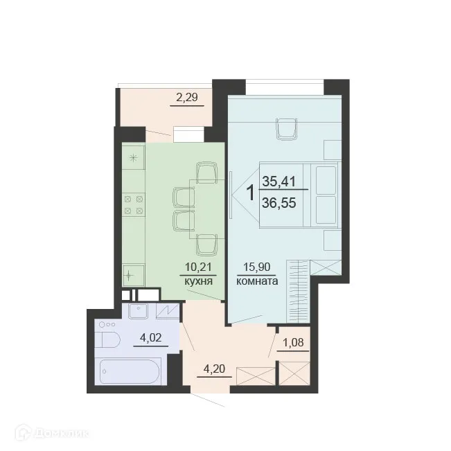 Планировка 1-комнатной квартиры 36.55 м² в ЖК ЖД Чехов, г. Воронеж — фото 1