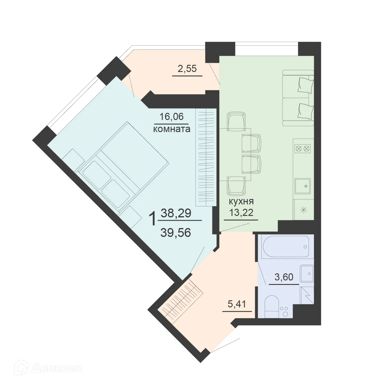 Планировка 1-комнатной квартиры 39.56 м² в ЖК ЖД Чехов, г. Воронеж — фото 1
