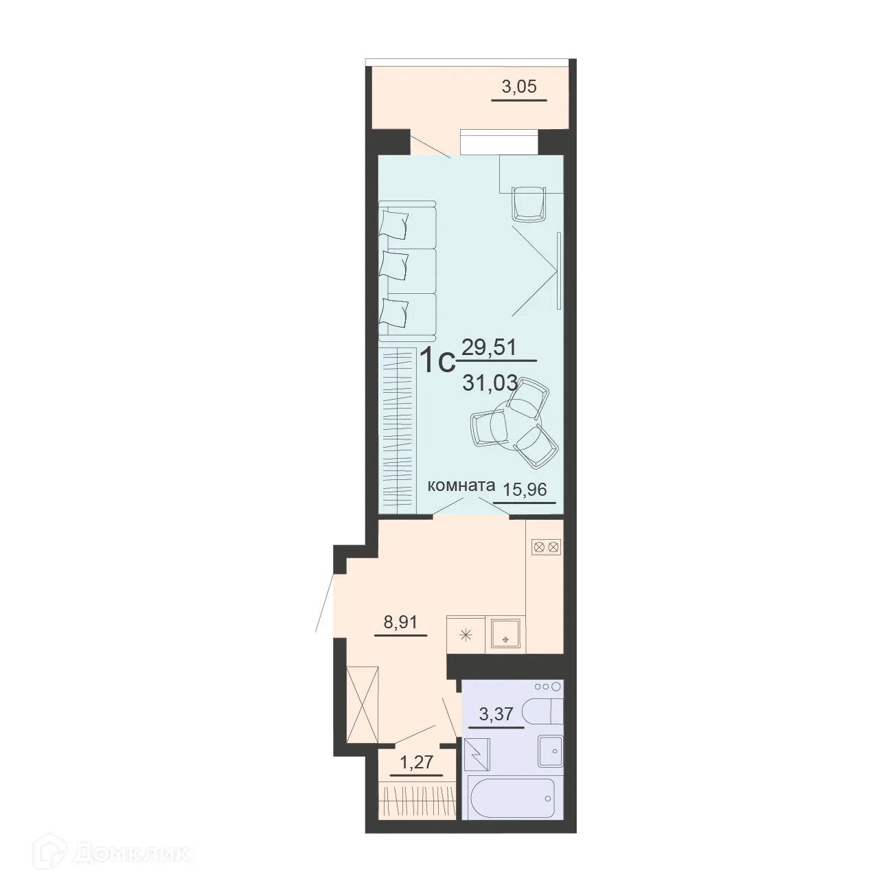 Планировка 1-комнатной квартиры 31.03 м² в ЖК ЖД Чехов, г. Воронеж — фото 1