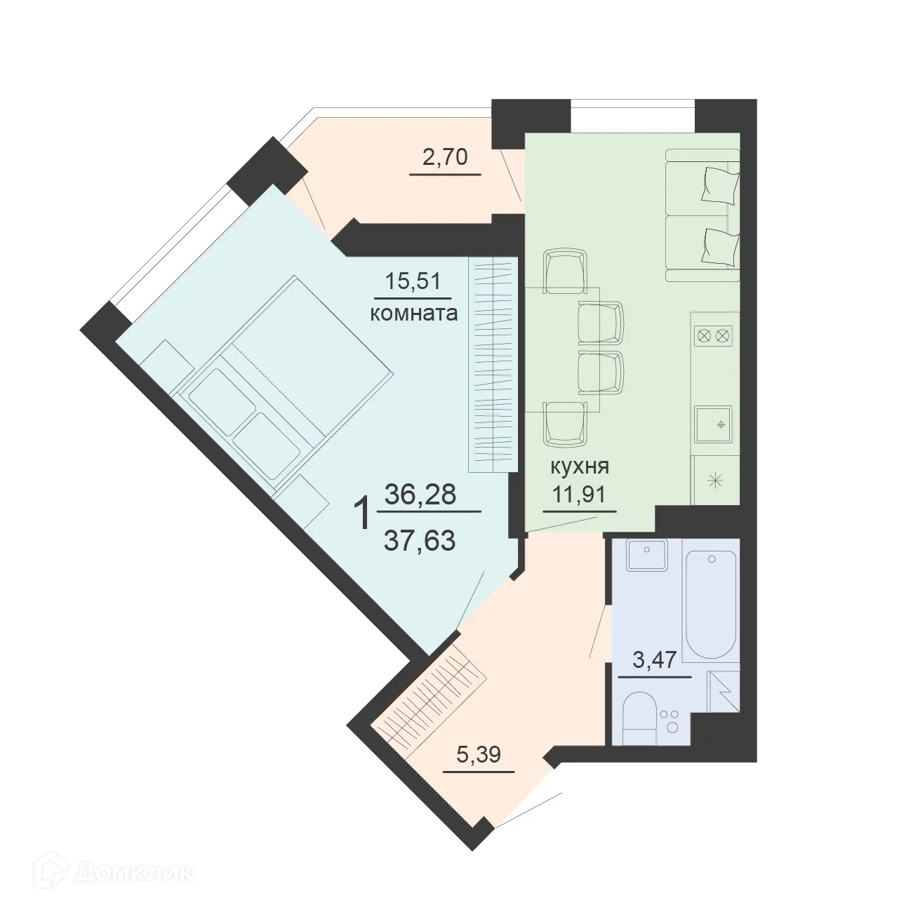 Планировка 1-комнатной квартиры 37.63 м² в ЖК ЖД Чехов, г. Воронеж — фото 1