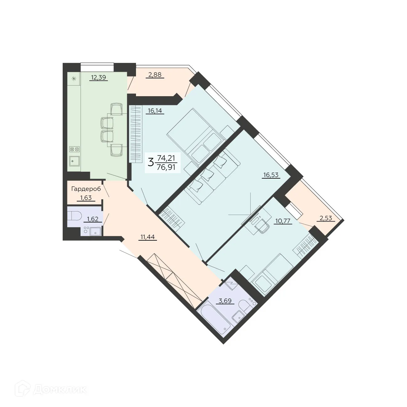 Планировка 3-комнатной квартиры 76.91 м² в ЖК ЖД Чехов, г. Воронеж — фото 1