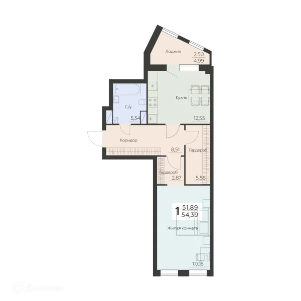 Планировка 1 комн. в ЖК Заря