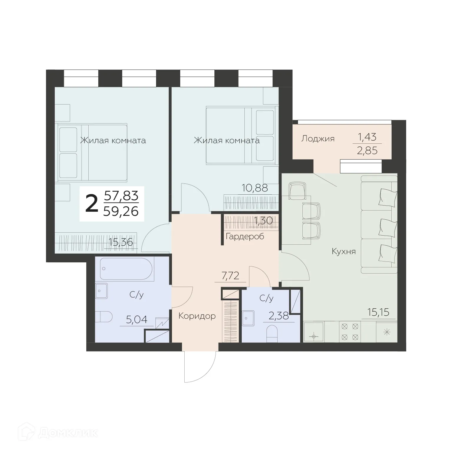 Планировка 2-комнатной квартиры 59.26 м² в ЖК Заря, г. Воронеж — фото 1