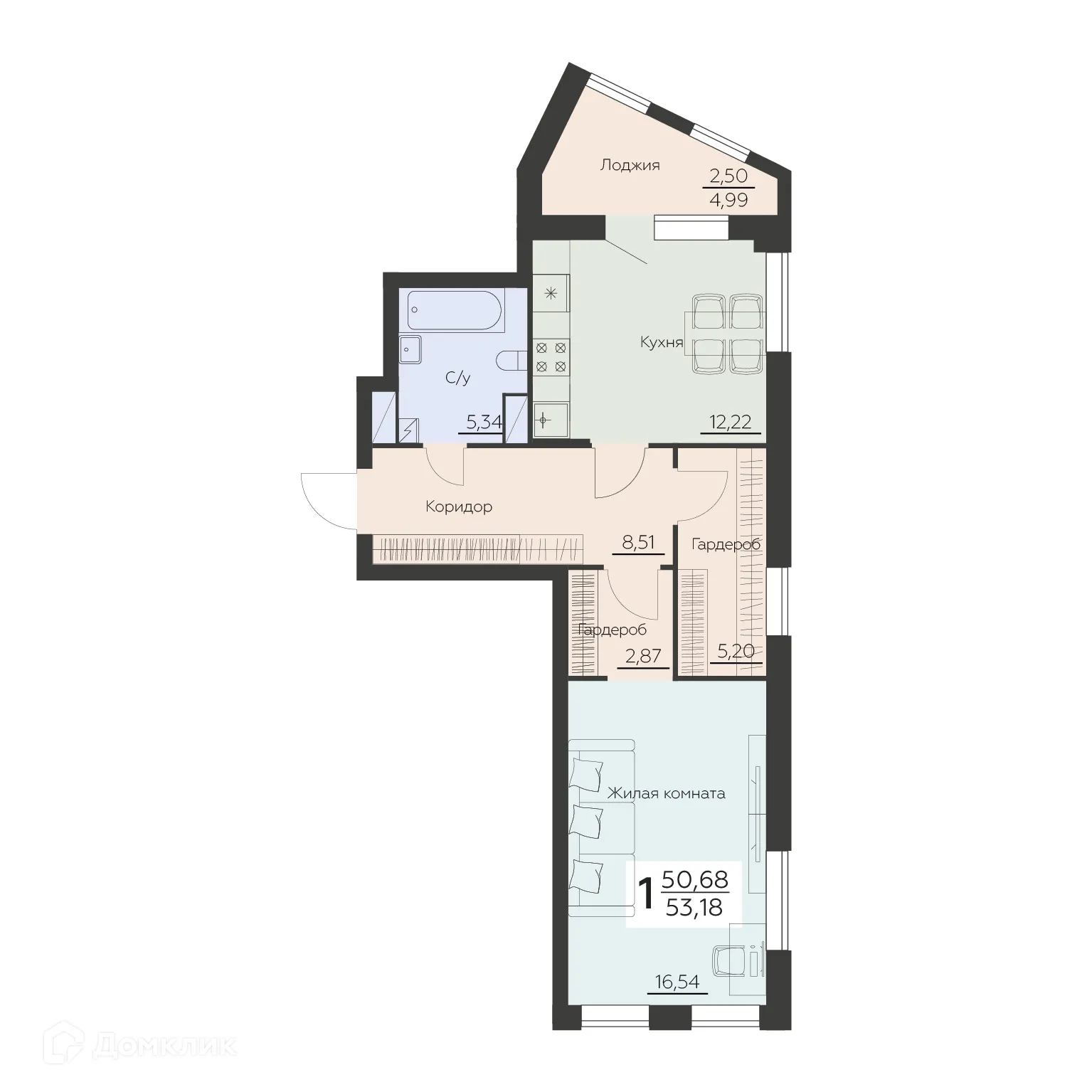 Планировка 1-комнатной квартиры 53.18 м² в ЖК Заря, г. Воронеж — фото 1